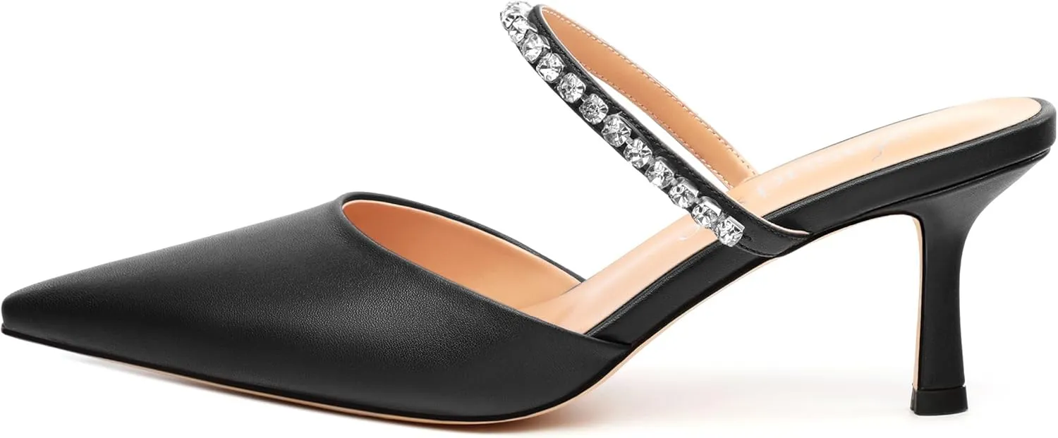 Women's Heeled Mules Rhinestone Strap Pointed Toe Pumps Stiletto Mid Heels Slip On Wedding Party Sandals for Women 2.5 Inch