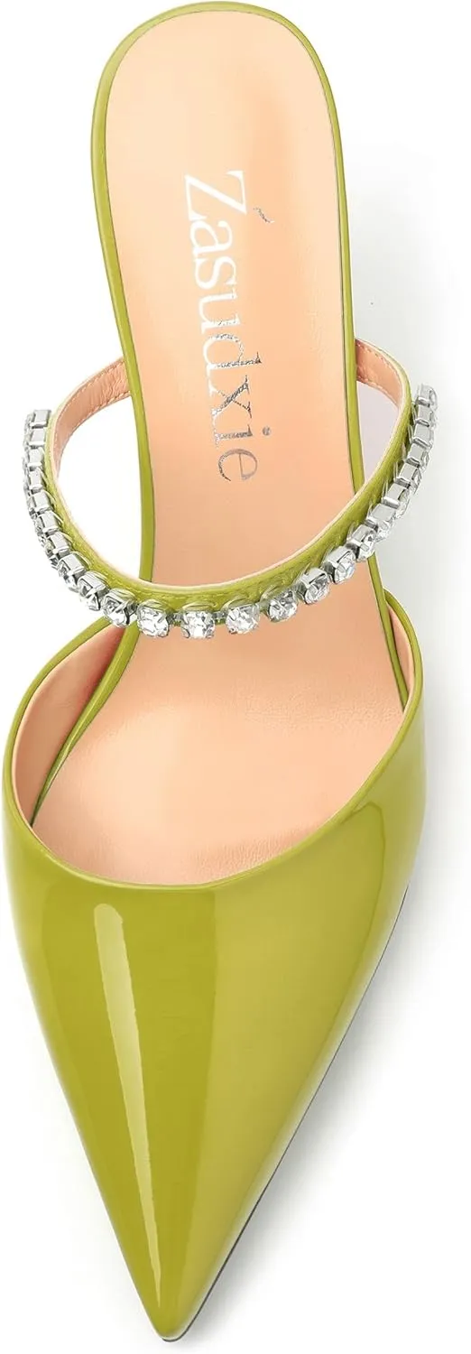 Womens Heeled Sandals Rhinestones Strap Pointed Toe Stiletto High Heels Fashion Dress Mules Shoes For Women 2.5 Inch