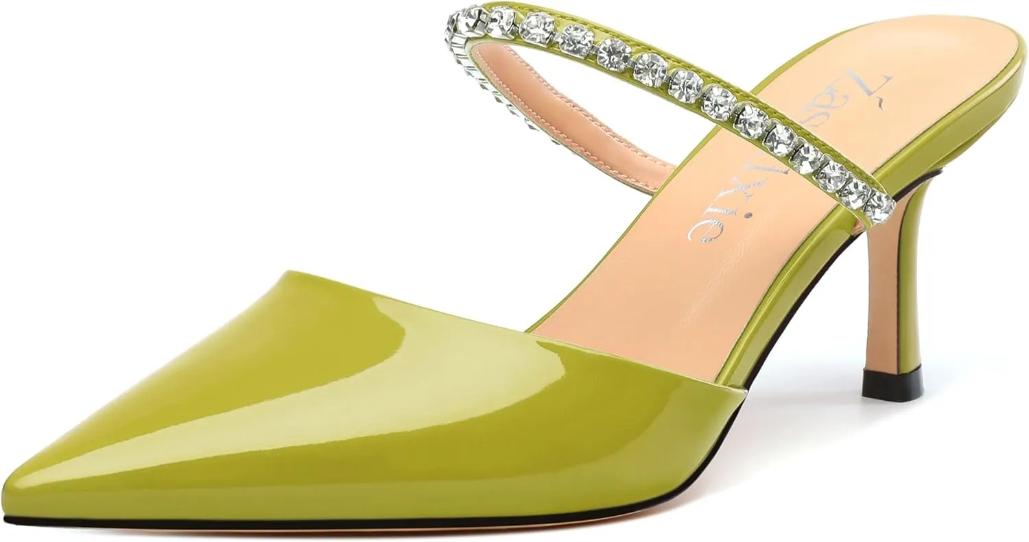 Womens Heeled Sandals Rhinestones Strap Pointed Toe Stiletto High Heels Fashion Dress Mules Shoes For Women 2.5 Inch