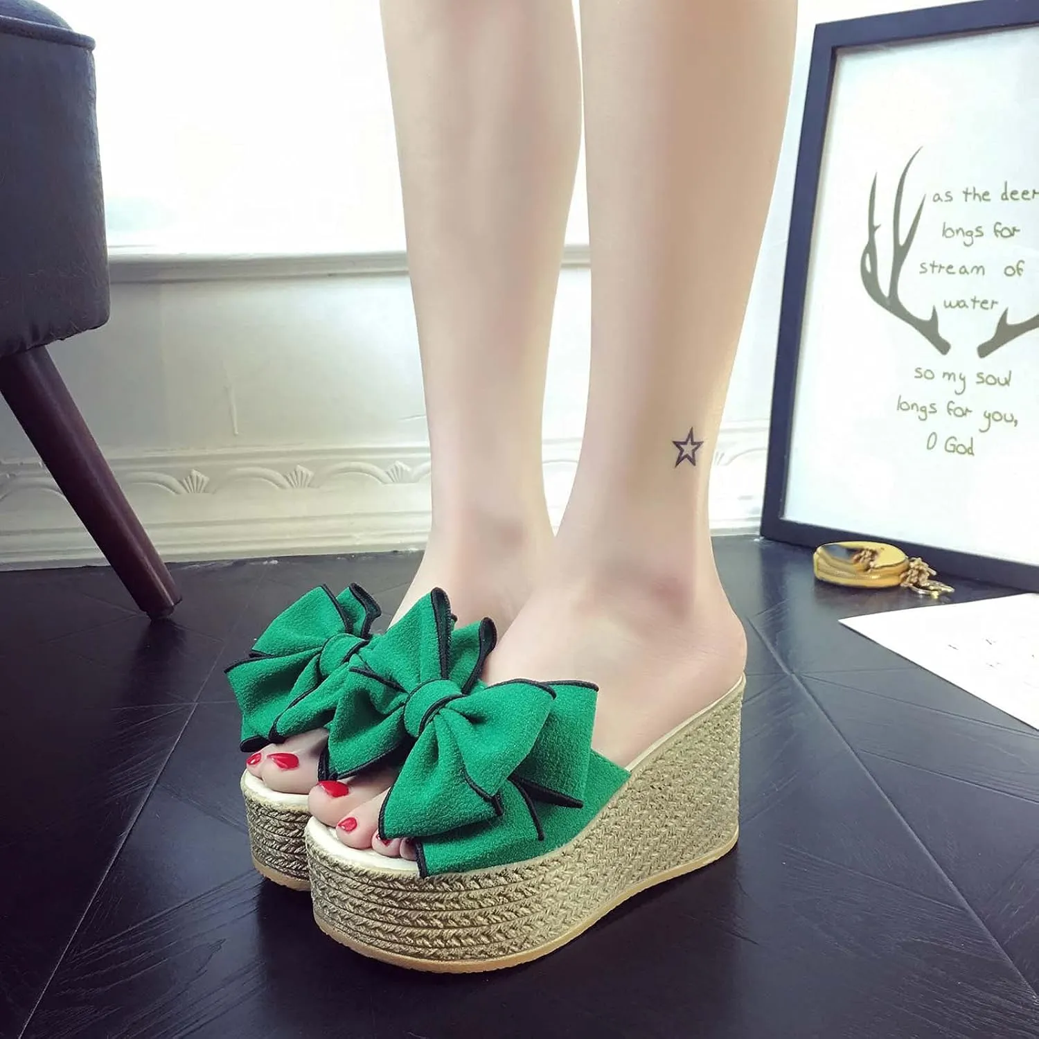 Women's High Heeled Bow-Knot Platform Wedge Flip-Flops Beach Sandals Fashion Espadrille Slippers Summer Thong