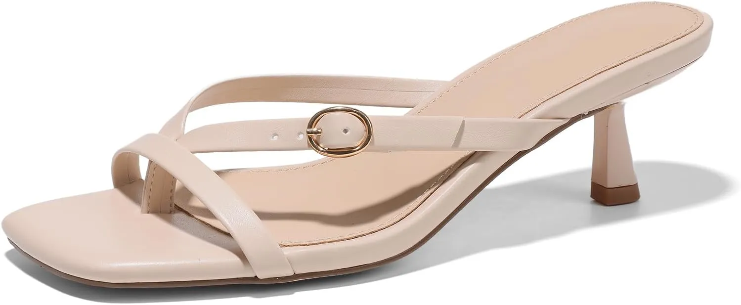 Women's kitten heels square toe flip flop mule heels dressy comfort 1.97 inches low sandal buckle cute sexy thong mules