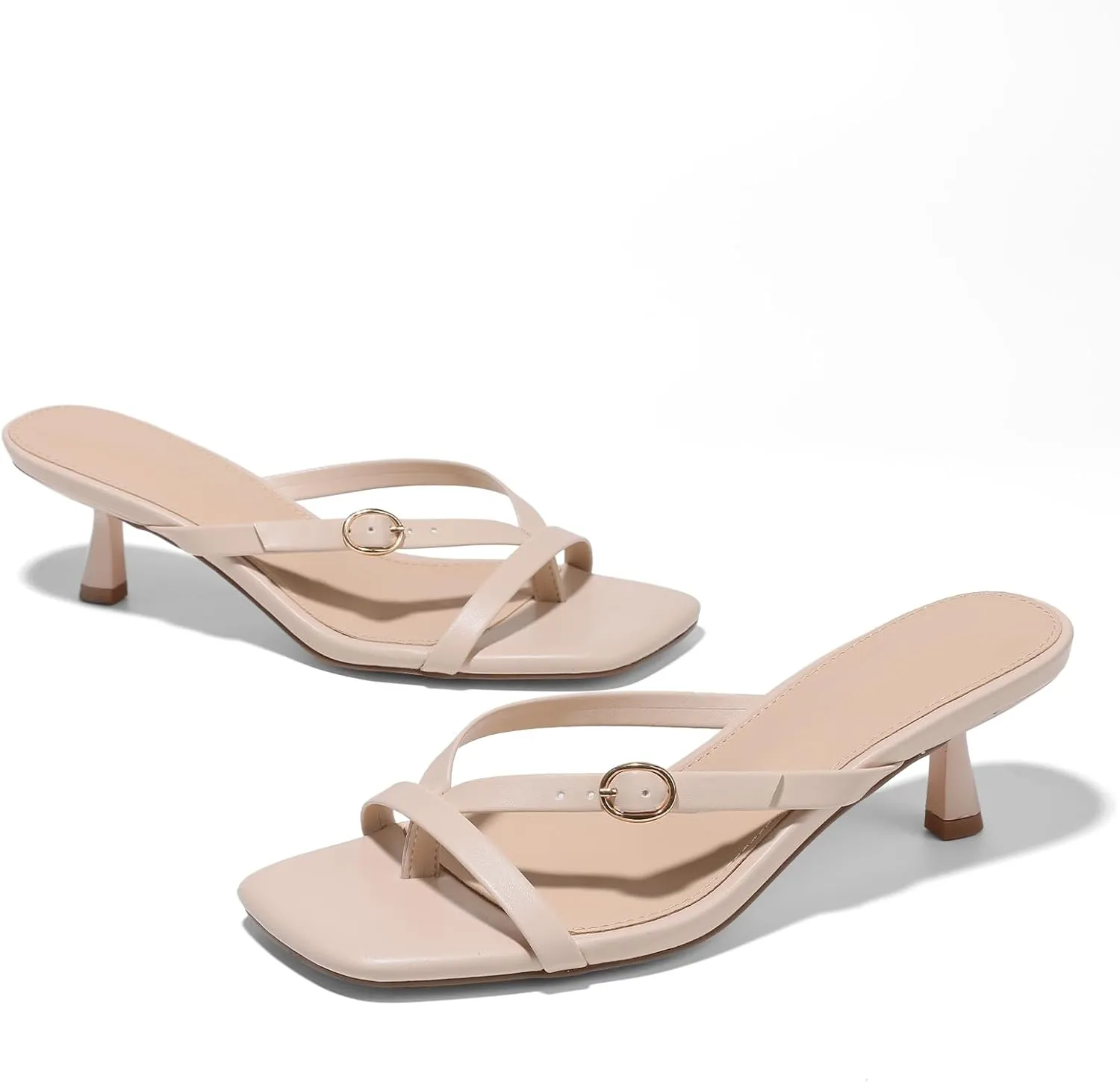 Women's kitten heels square toe flip flop mule heels dressy comfort 1.97 inches low sandal buckle cute sexy thong mules