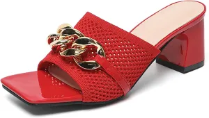 Women's Knit Open Toe Block Heel Mule Slides Fashion Square Toe Chain Slip On Mid Block Heel Sandals for Beach Parties