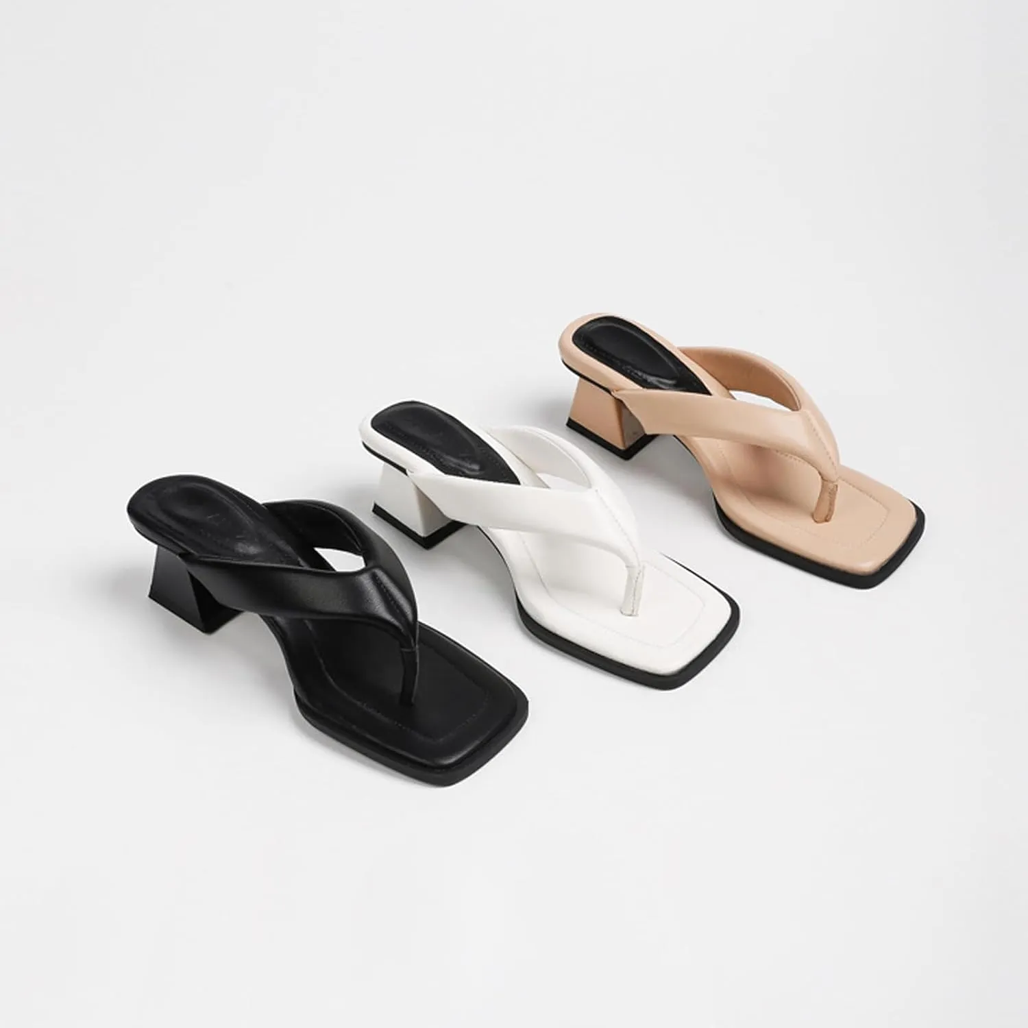 Women's Leather Low Block Heel Square Toe Flip Flops Comfort Open Toe Slip On Chunky Heel Clip Toe Sandals Summer Casual Party Beach Slides