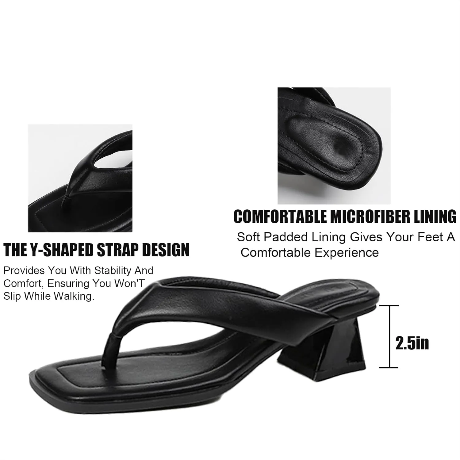 Women's Leather Low Block Heel Square Toe Flip Flops Comfort Open Toe Slip On Chunky Heel Clip Toe Sandals Summer Casual Party Beach Slides