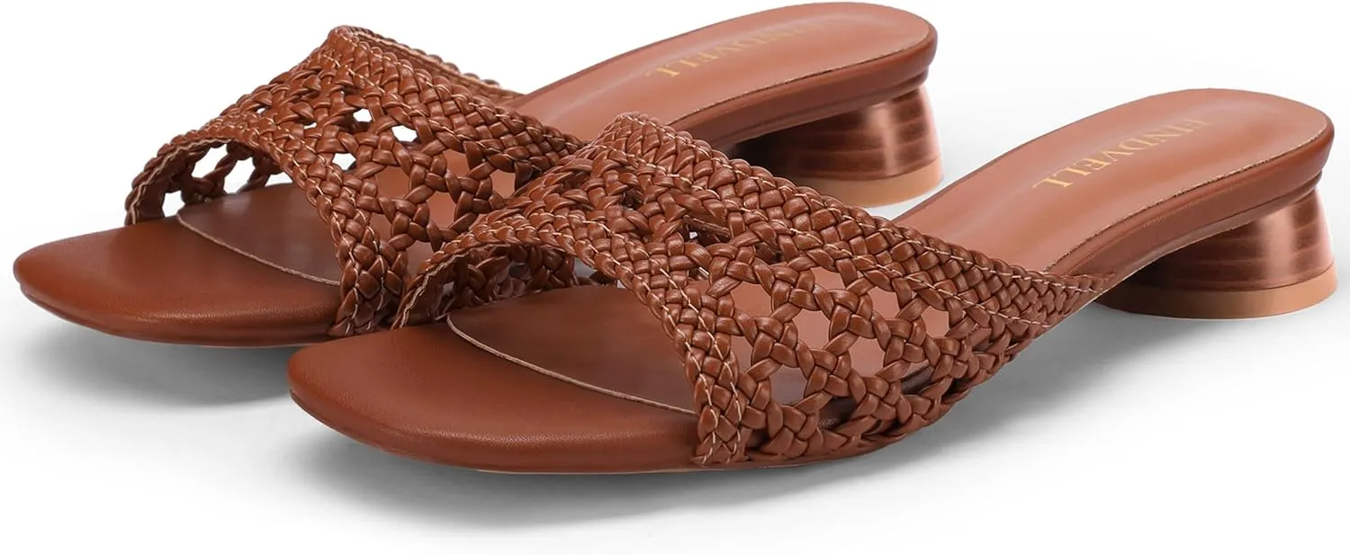 Women's Low Heels Sandals Braided Mule Chunky Block Heeled Slides Square Open toe Slip On Mules Fashion Heels