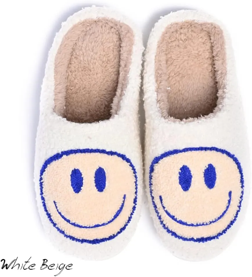 Women's Men's Retro Preppy Happy Face Slippers Comfy Warm Plush Slip-On House Slipper for Winter Indoor Soft Cushion Non-slip Fluffy Slides Slippers
