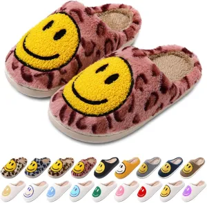 Women's Men's Retro Preppy Happy Face Slippers Comfy Warm Plush Slip-On House Slipper for Winter Indoor Soft Cushion Non-slip Fluffy Slides Slippers