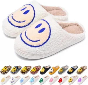 Women's Men's Retro Preppy Happy Face Slippers Comfy Warm Plush Slip-On House Slipper for Winter Indoor Soft Cushion Non-slip Fluffy Slides Slippers