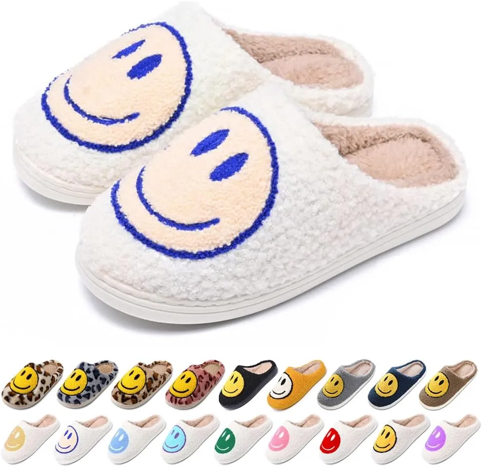 Women's Men's Retro Preppy Happy Face Slippers Comfy Warm Plush Slip-On House Slipper for Winter Indoor Soft Cushion Non-slip Fluffy Slides Slippers