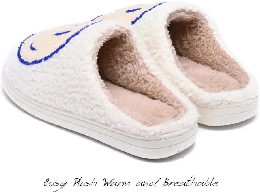 Women's Men's Retro Preppy Happy Face Slippers Comfy Warm Plush Slip-On House Slipper for Winter Indoor Soft Cushion Non-slip Fluffy Slides Slippers