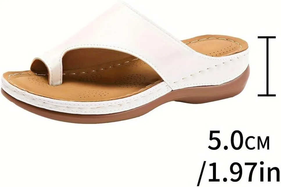 Women's Mid Heel Terrace Wedge Sandals, Faux leather upper, polyurethane sole and split toe design, summer comfort flip flop casual shoes