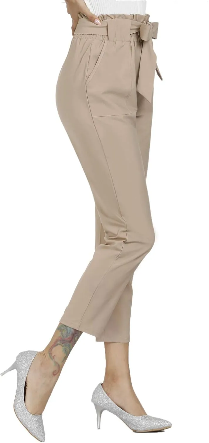Women's Pants Casual Trouser Paper Bag Pants Elastic Waist Slim Pockets