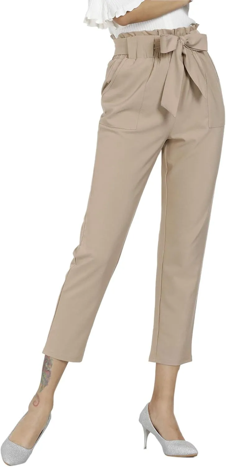 Women's Pants Casual Trouser Paper Bag Pants Elastic Waist Slim Pockets