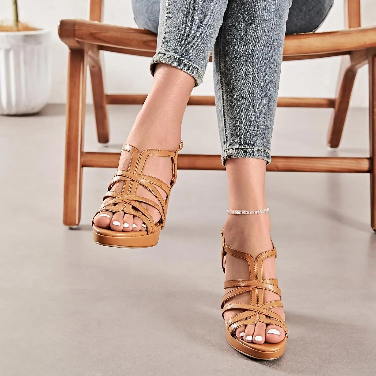 Women's Platform Heels Chunky Heeled Sandals, Ankle Strappy Round Open Toe Dressy Shoes Wedding Party High Pump Heels for Women.