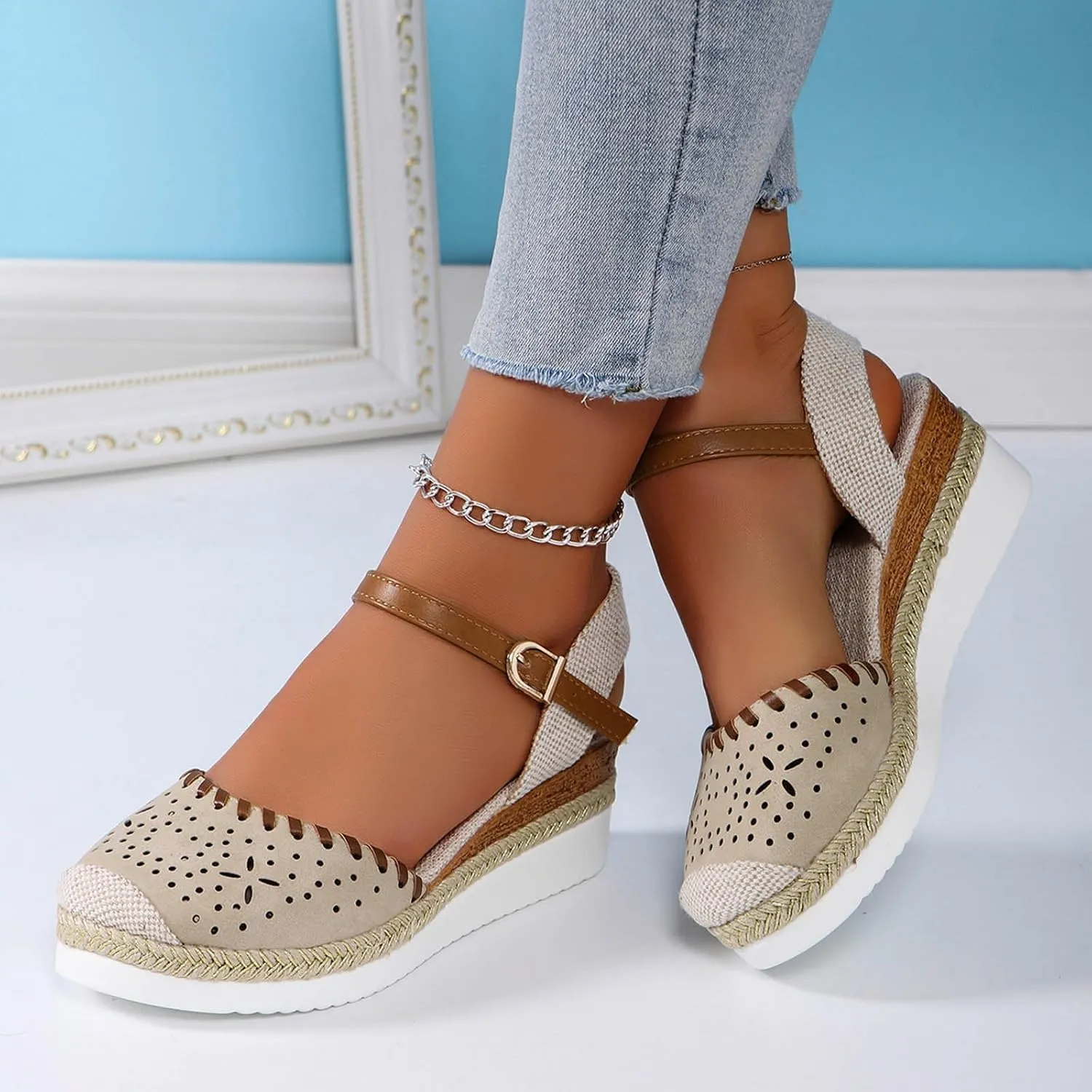 Womens Platform Wedge Espadrille Sandals Summer Dressy Slingback Closed Toe Ankle Buckle Strap Sandal Beach Comfortable Dress Shoes