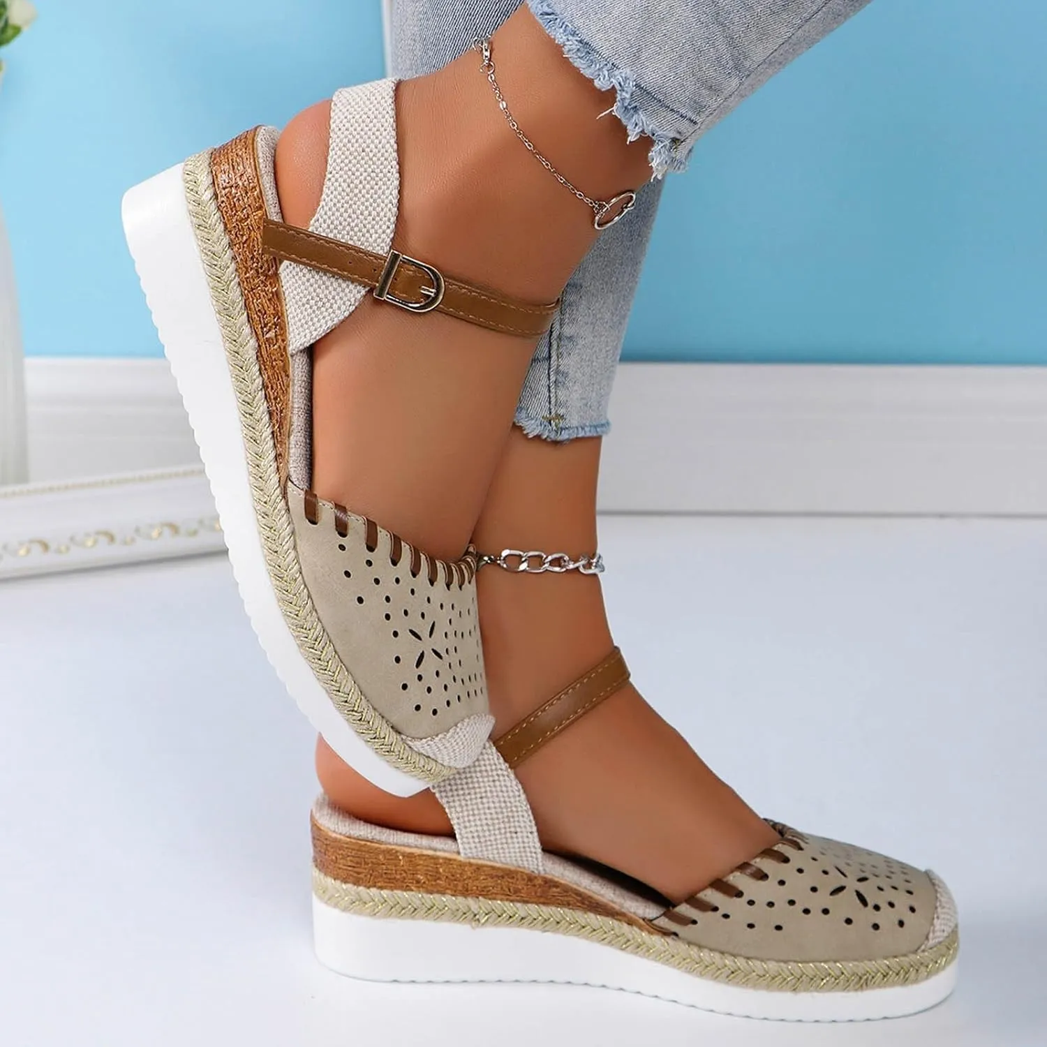 Womens Platform Wedge Espadrille Sandals Summer Dressy Slingback Closed Toe Ankle Buckle Strap Sandal Beach Comfortable Dress Shoes