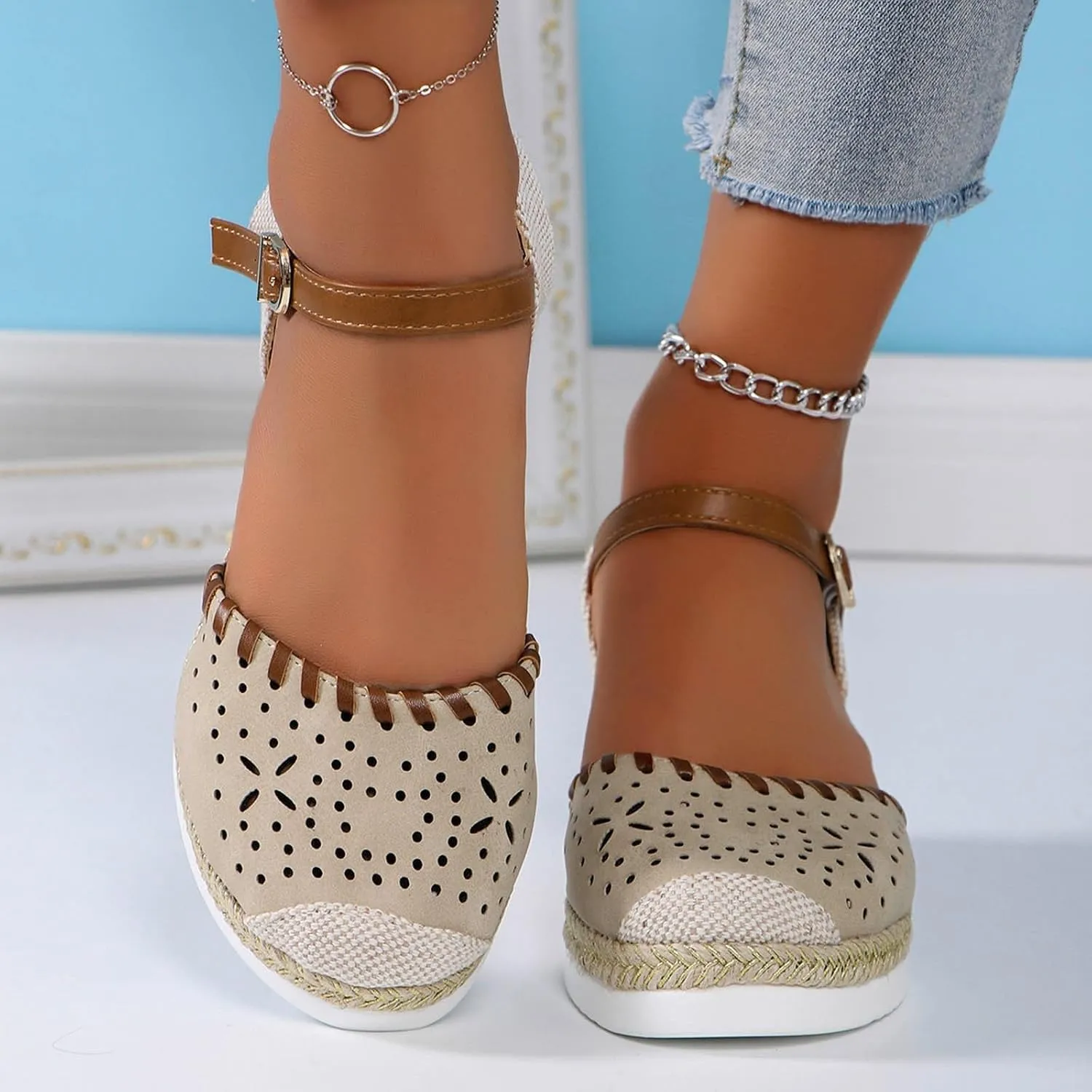 Womens Platform Wedge Espadrille Sandals Summer Dressy Slingback Closed Toe Ankle Buckle Strap Sandal Beach Comfortable Dress Shoes