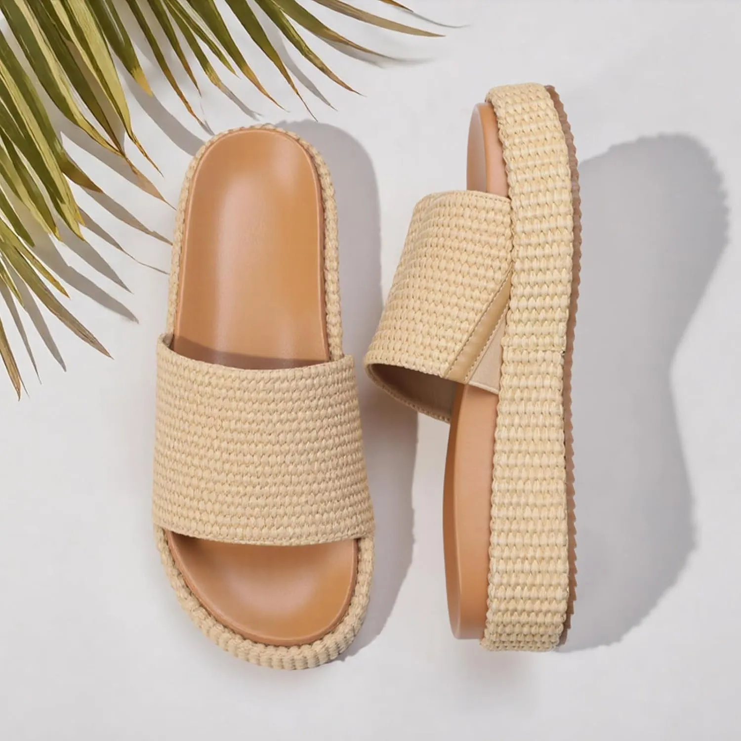Women's Platform Wedge espadrille slides Summer Beach Cute Raffia Slip On Woven Dress Slides Open Toe Comfortable Resort Wear Trending 2025