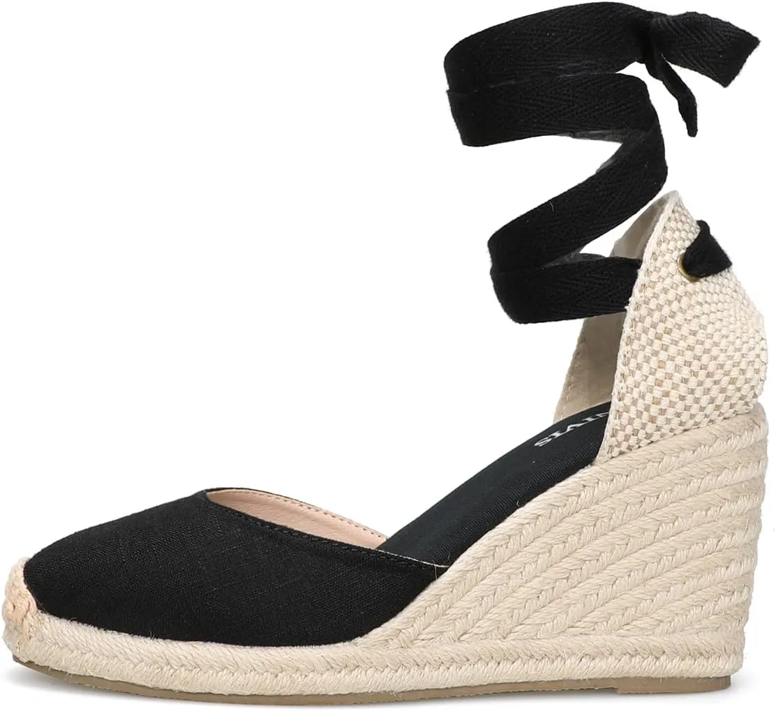 Women’s Platform Wedges Espadrilles, 3" Wedge, Soft Ankle-Tie Strap, Closed Toe, Classic Summer Sandals