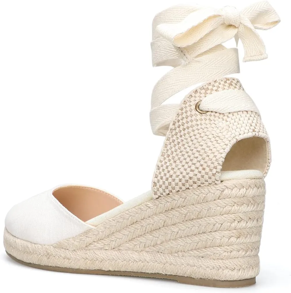 Women’s Platform Wedges Espadrilles, 3" Wedge, Soft Ankle-Tie Strap, Closed Toe, Classic Summer Sandals