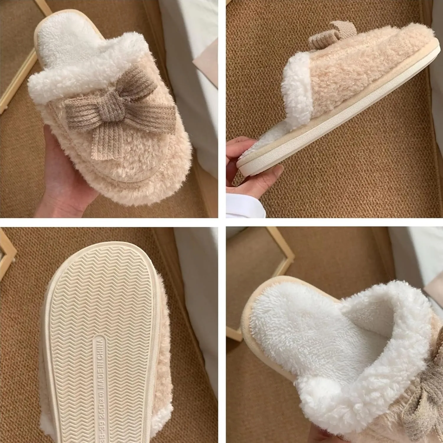 Women's Plush Cute Bow Slippers Indoor House Slippers with Bows Tie Comfy Furry Fuzzy Bedroom Slippers Non-Slip