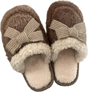 Women's Plush Cute Bow Slippers Indoor House Slippers with Bows Tie Comfy Furry Fuzzy Bedroom Slippers Non-Slip