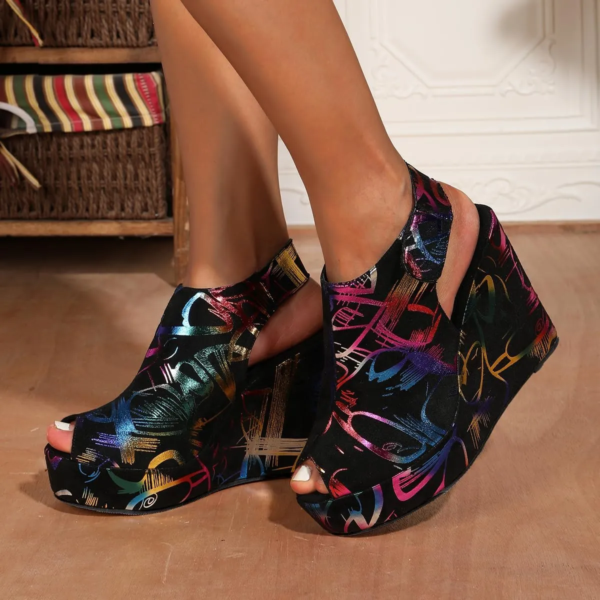 Women's Round Peep Toe Platform Wedge Sandals Espadrille 4.5 Inch High Heel Ankle Strap Slingback Wedges Shoes for Women Comfy Dress Summer Sandals Casual Beach