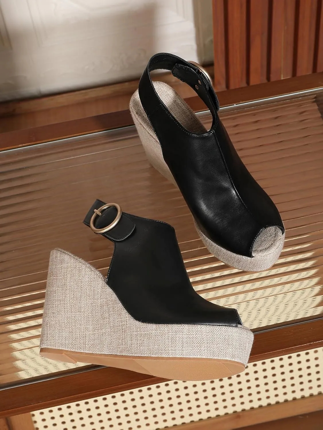 Women's Round Peep Toe Platform Wedge Sandals Espadrille 4.5 Inch High Heel Ankle Strap Slingback Wedges Shoes for Women Comfy Dress Summer Sandals Casual Beach
