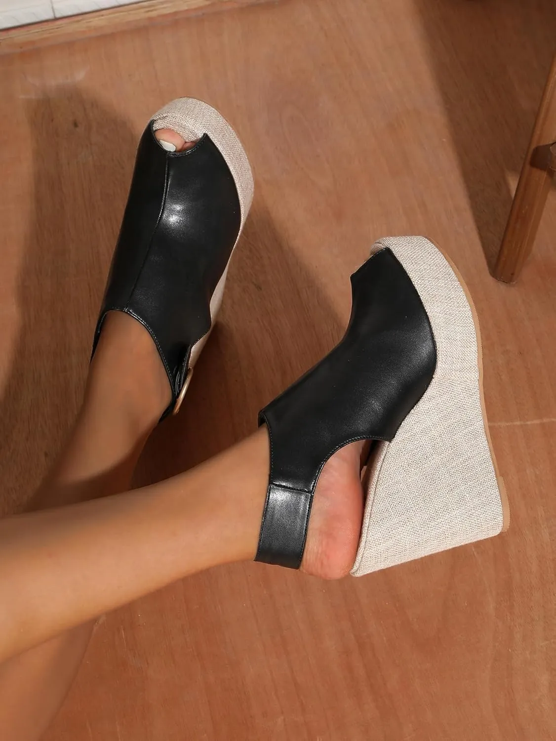 Women's Round Peep Toe Platform Wedge Sandals Espadrille 4.5 Inch High Heel Ankle Strap Slingback Wedges Shoes for Women Comfy Dress Summer Sandals Casual Beach