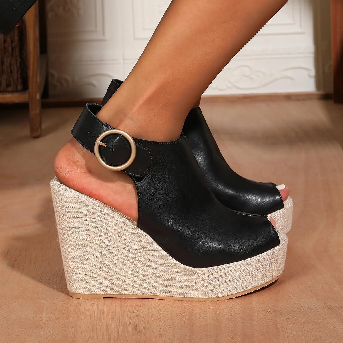 Women's Round Peep Toe Platform Wedge Sandals Espadrille 4.5 Inch High Heel Ankle Strap Slingback Wedges Shoes for Women Comfy Dress Summer Sandals Casual Beach