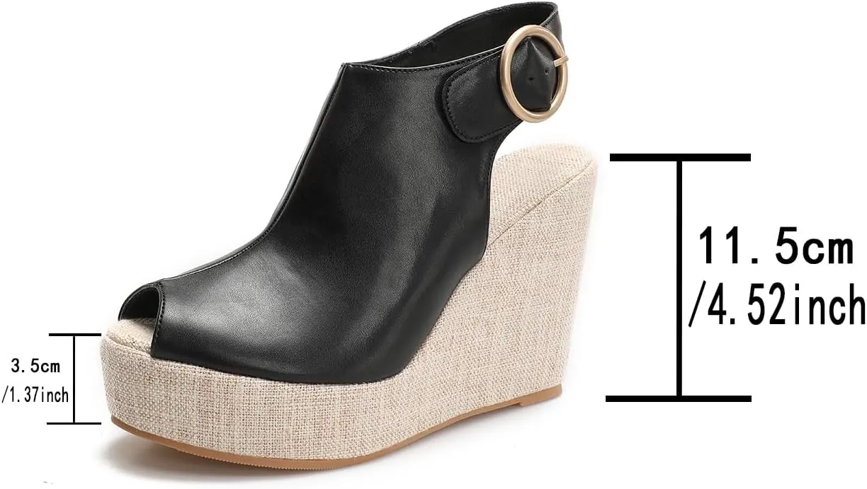 Women's Round Peep Toe Platform Wedge Sandals Espadrille 4.5 Inch High Heel Ankle Strap Slingback Wedges Shoes for Women Comfy Dress Summer Sandals Casual Beach