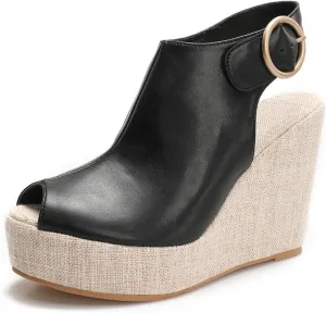 Women's Round Peep Toe Platform Wedge Sandals Espadrille 4.5 Inch High Heel Ankle Strap Slingback Wedges Shoes for Women Comfy Dress Summer Sandals Casual Beach