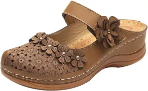 Womens Sandals 2023 Summer Fashion Hollow Flowers Rounde Toe Closed Toe Slipper Comfortable Wedge Sandals with Arch Support Ladies Vintage Shoes