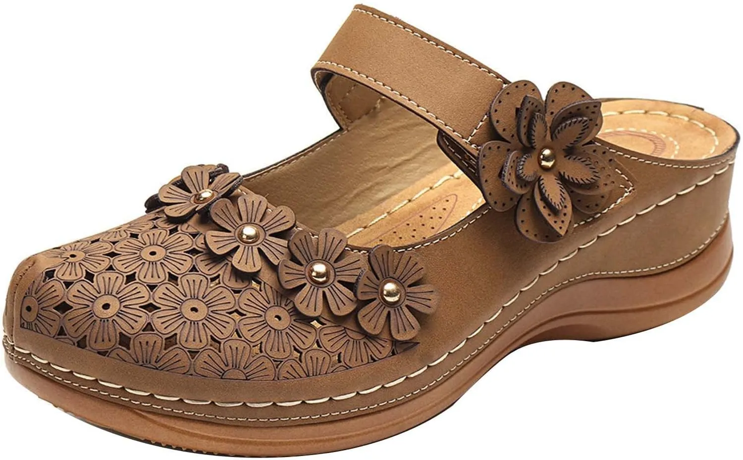 Womens Sandals 2023 Summer Fashion Hollow Flowers Rounde Toe Closed Toe Slipper Comfortable Wedge Sandals with Arch Support Ladies Vintage Shoes