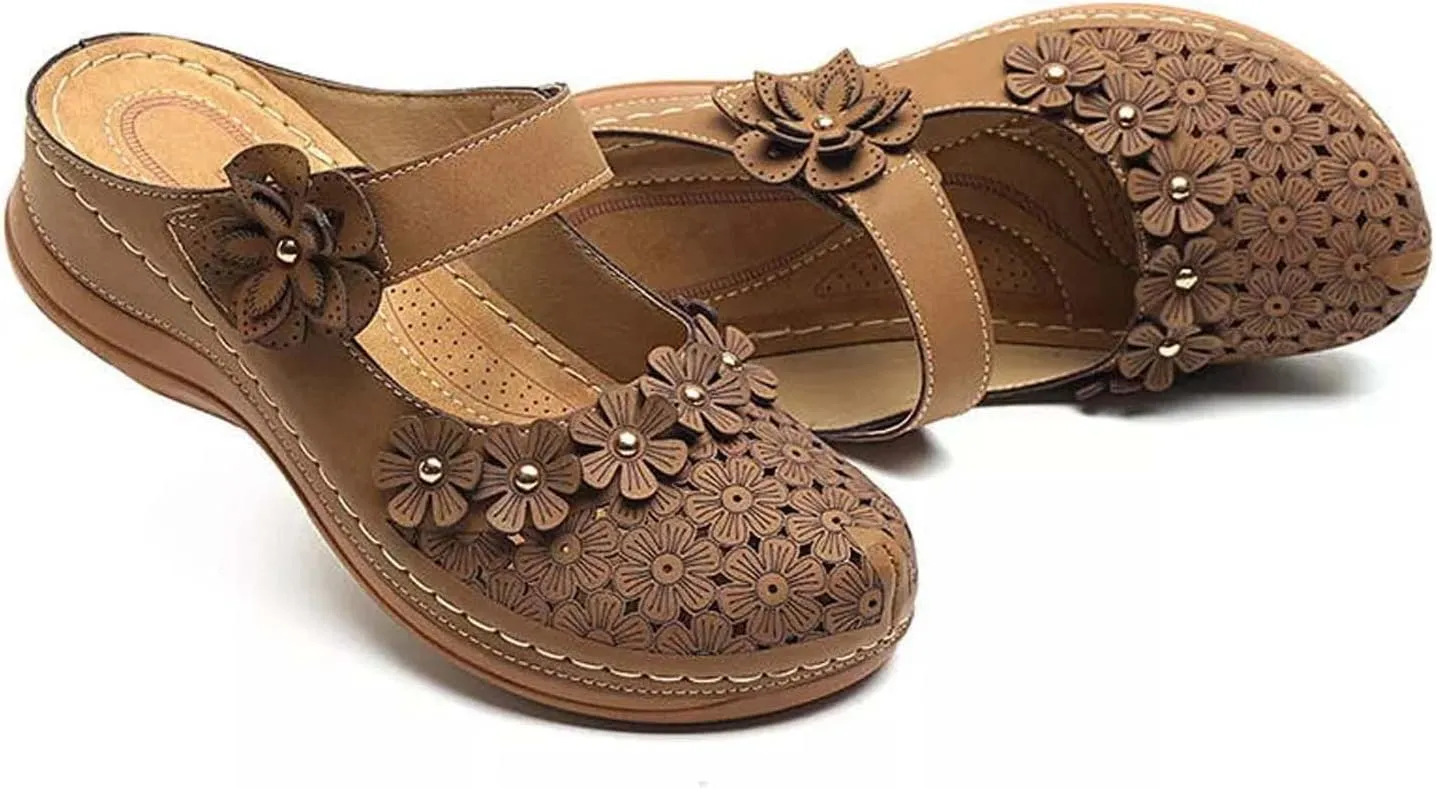 Womens Sandals 2023 Summer Fashion Hollow Flowers Rounde Toe Closed Toe Slipper Comfortable Wedge Sandals with Arch Support Ladies Vintage Shoes