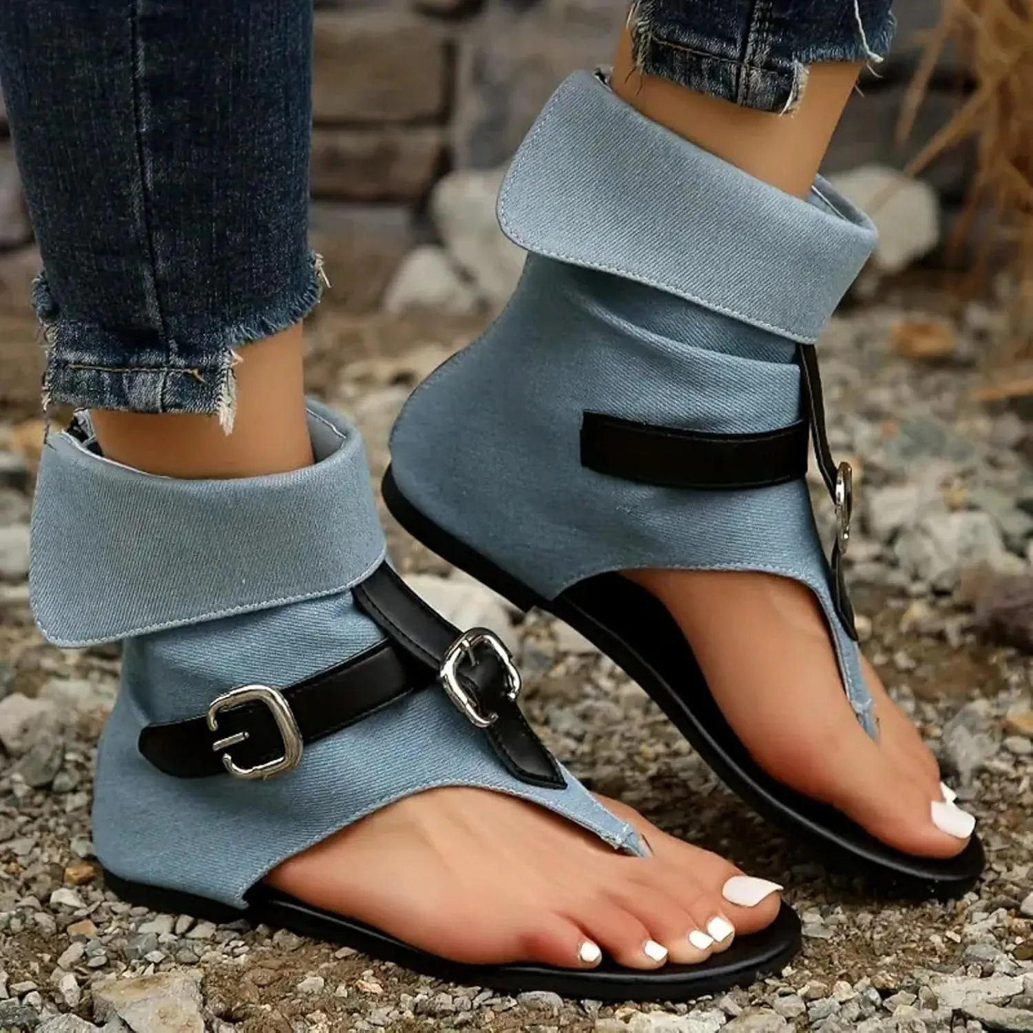 Women's Sandals Denim Bohemian Roman Sandals Clip Toe T-Strap Back Zip Sandals Casual High Top Walking Shoes