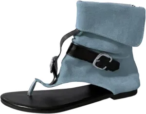 Women's Sandals Denim Bohemian Roman Sandals Clip Toe T-Strap Back Zip Sandals Casual High Top Walking Shoes