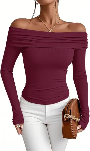 Women's Sexy Off Shoulder Tops Dressy Casual Slim Fit Long Sleeves Spring Fall Blouse Going Out Nightout Shirt