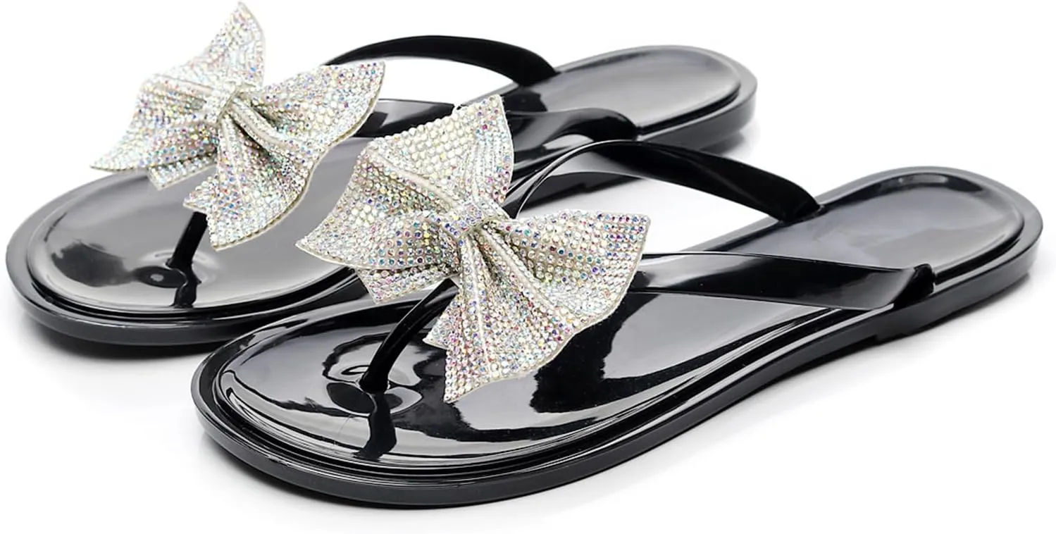 Womens Shiny Rhinestone Bowknot Flat Flip-Flops Colorful Jewelry Rhinestones Sequins Sandals Summer Beach Jelly Clip Toe Slippers Shoes
