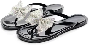 Womens Shiny Rhinestone Bowknot Flat Flip-Flops Colorful Jewelry Rhinestones Sequins Sandals Summer Beach Jelly Clip Toe Slippers Shoes