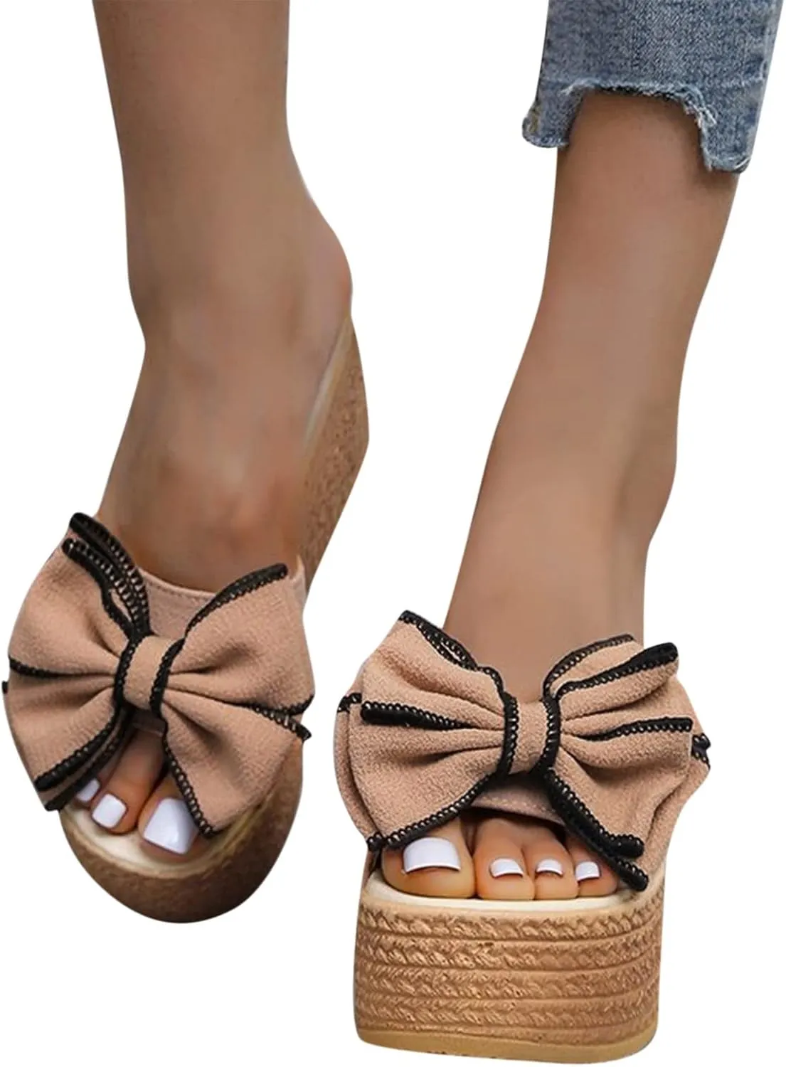 Women's Slip On Dressy Heel Sandals Summer Butterfly 2024 Platform Wedge Ladies Spring Espadrille Trendy Solid Beach