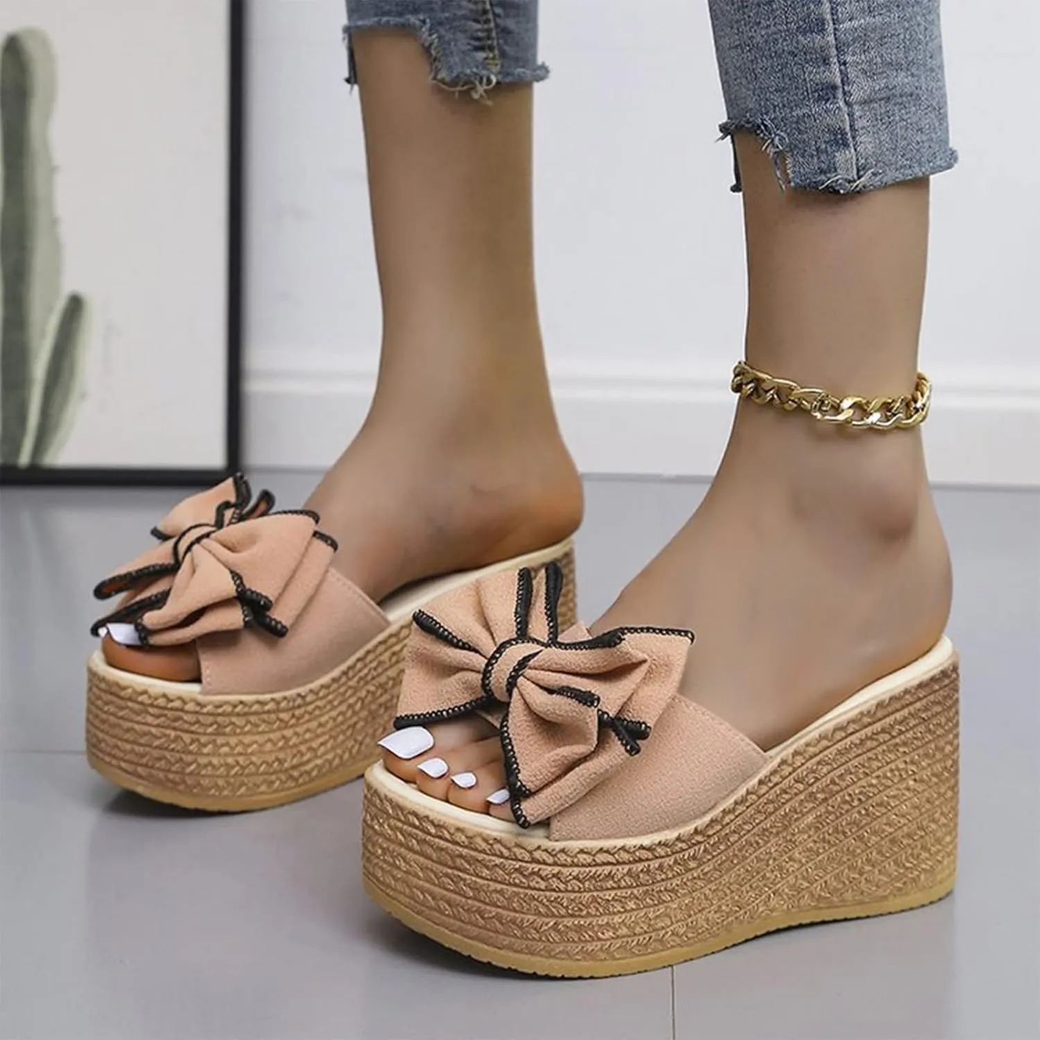 Women's Slip On Dressy Heel Sandals Summer Butterfly 2024 Platform Wedge Ladies Spring Espadrille Trendy Solid Beach