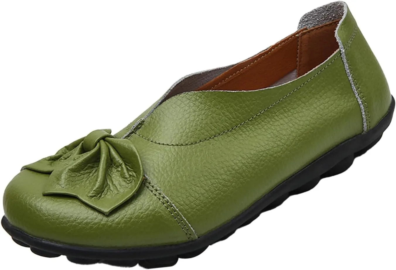 Women's Slip On Leather Loafers,Vintage Cute Handmade Bow Comfy Non-Slip Softsole Walking Casual Moccasins Dress Pumps