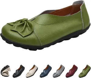 Women's Slip On Leather Loafers,Vintage Cute Handmade Bow Comfy Non-Slip Softsole Walking Casual Moccasins Dress Pumps