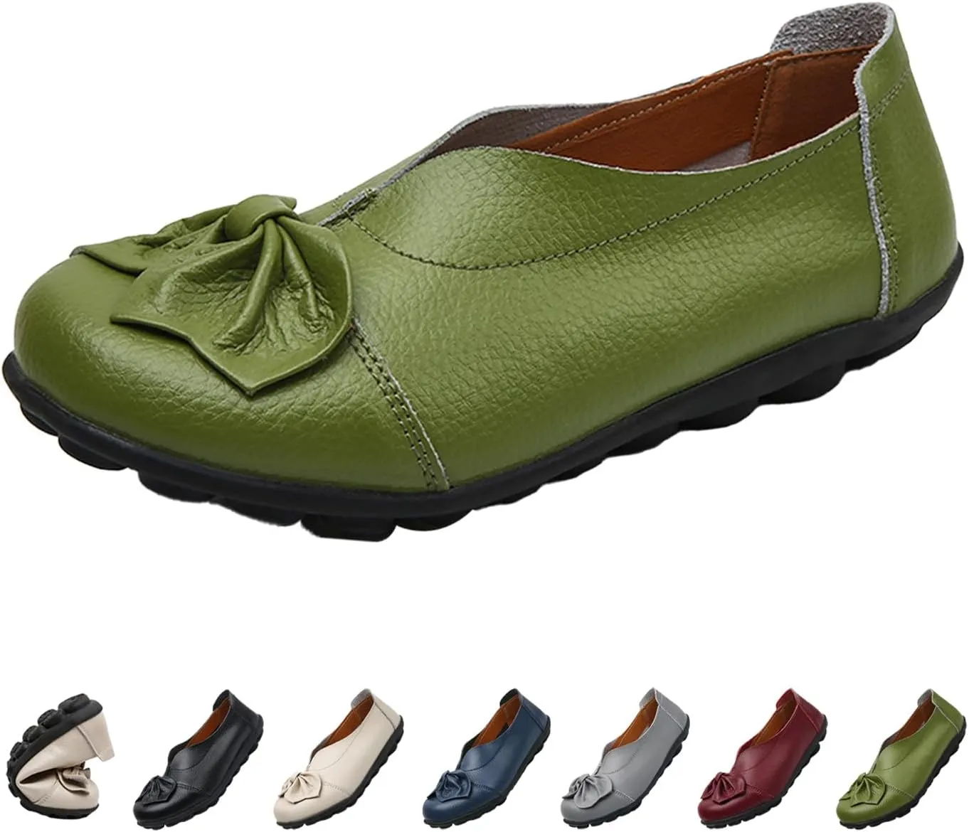 Women's Slip On Leather Loafers,Vintage Cute Handmade Bow Comfy Non-Slip Softsole Walking Casual Moccasins Dress Pumps