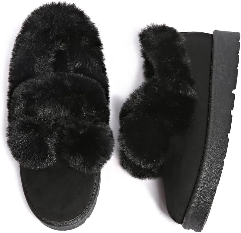 Women’s Slippers Platform Mini Boots for Suede Leather Slip-on Fluffy Warm Comfy