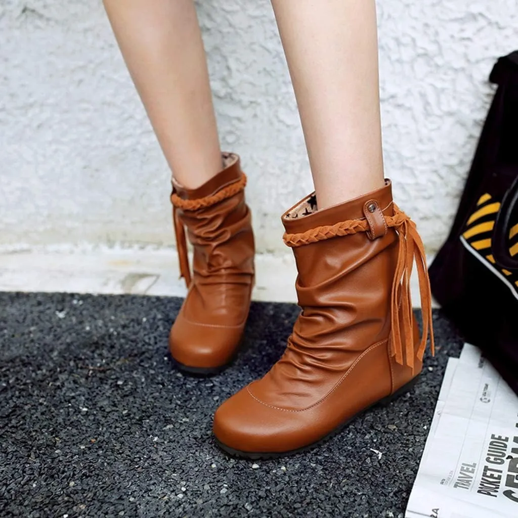 Women's Slouch Fringe Ankle Boots Round Toe Slip On Leather Low Heel Booties Comfy Tassel Short Boot