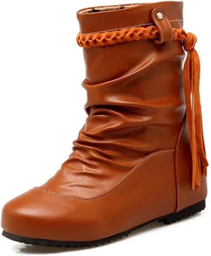 Women's Slouch Fringe Ankle Boots Round Toe Slip On Leather Low Heel Booties Comfy Tassel Short Boot