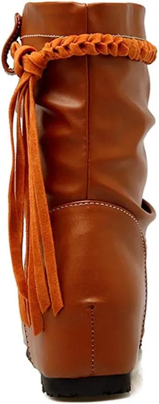 Women's Slouch Fringe Ankle Boots Round Toe Slip On Leather Low Heel Booties Comfy Tassel Short Boot